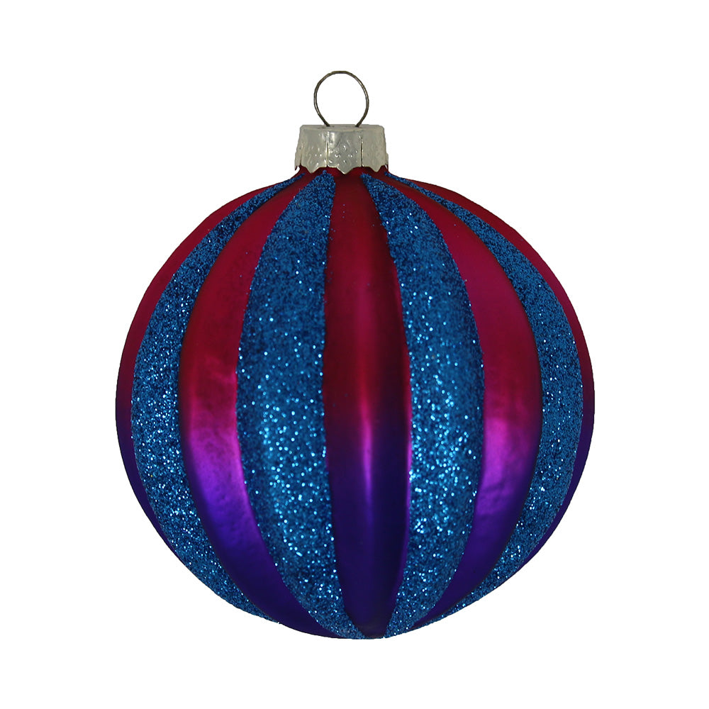 Ombre Blue Glitter Ribbed Round ornament. Ombre purple and red round with blue glitter stripes. View of front.