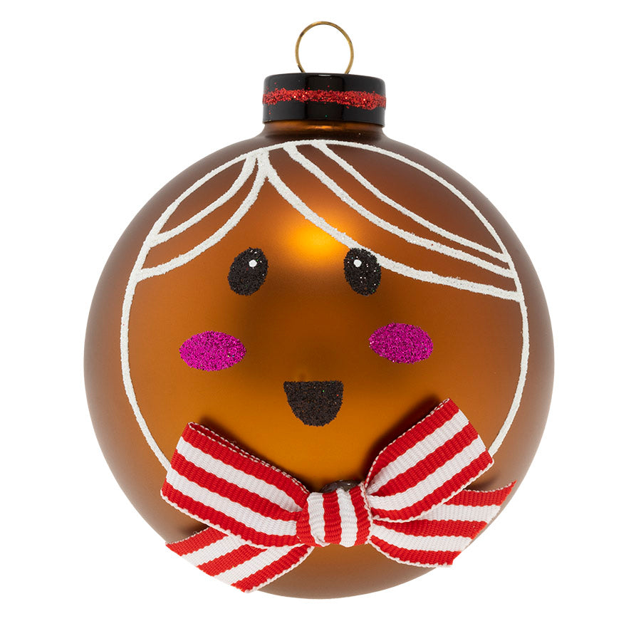 Gingerbread Man ornament. Gingerbread man round with a white and red striped tie. View of front.