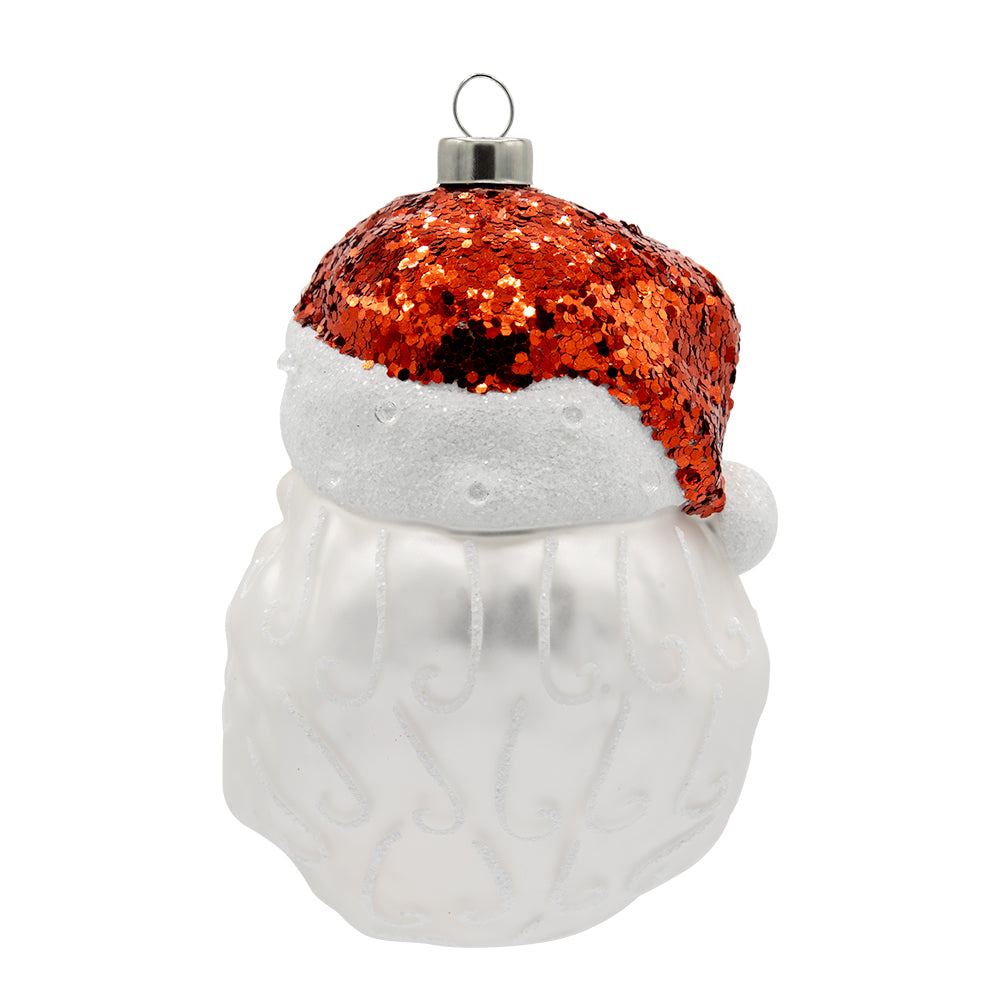 Traditional Santa ornament. Santa is seen wearing a red sequined hat with sparkling white details in his beard. View of back.