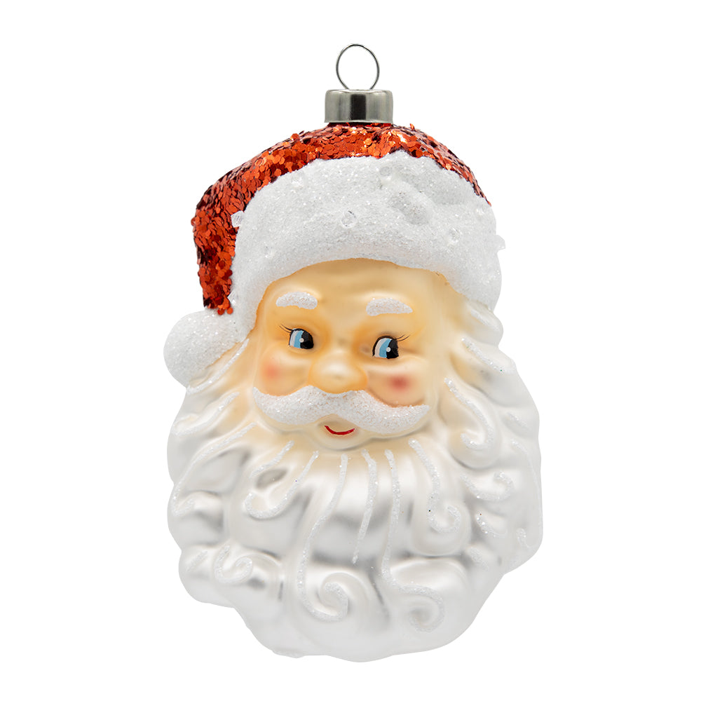 Traditional Santa ornament. Santa is seen wearing a red sequined hat with sparkling white details in his beard. View of front.
