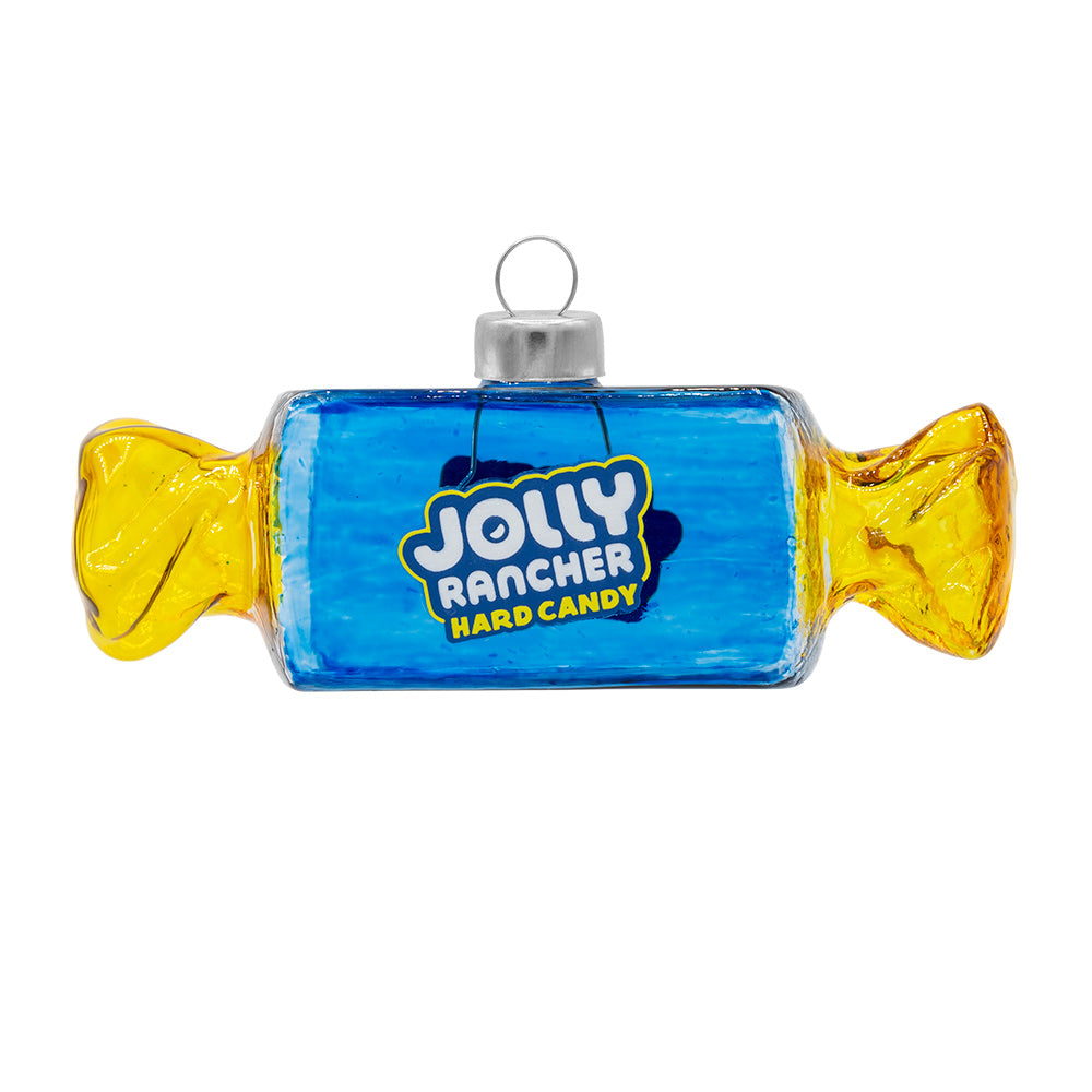 JOLLY RANCHER Blue Raspberry ornament. Blue jolly rancher candy in wrapper. View of back.