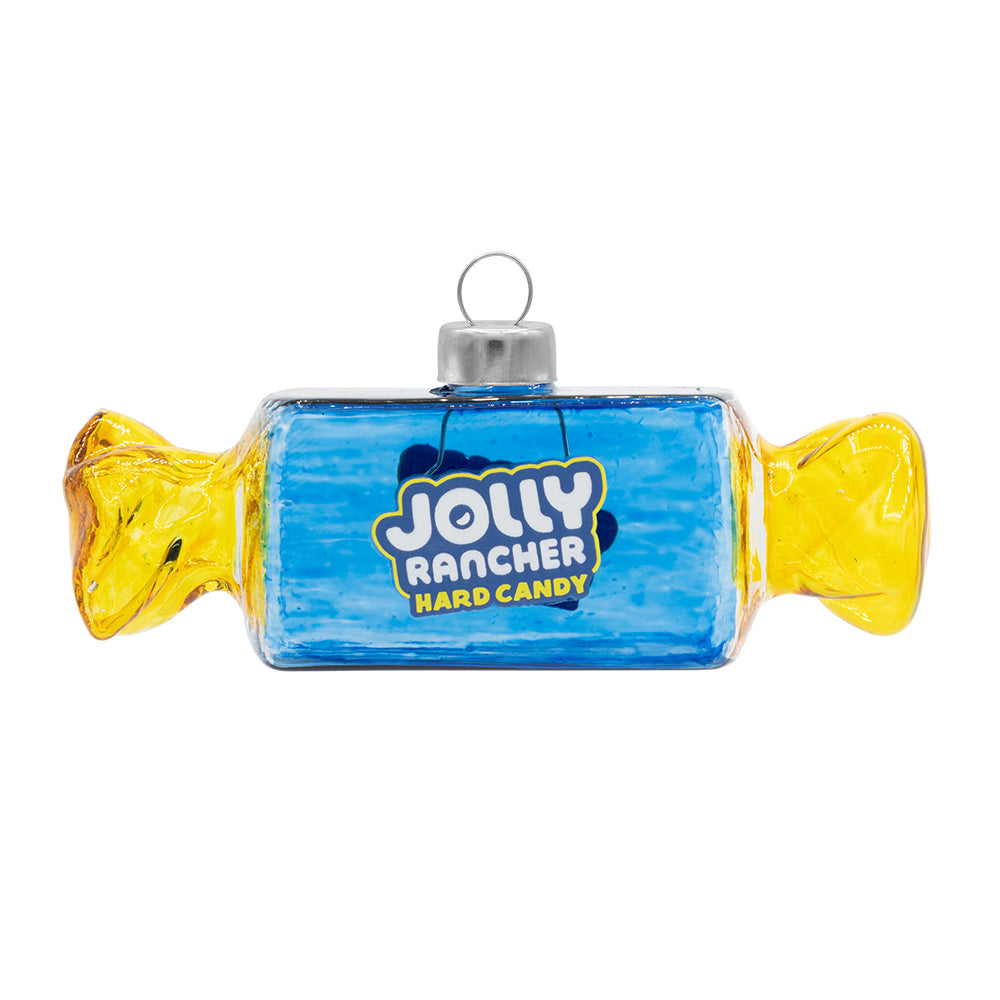 JOLLY RANCHER Blue Raspberry ornament. Blue jolly rancher candy in wrapper. View of front.