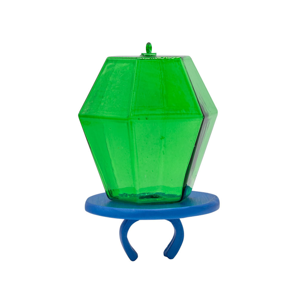 Watermelon Ring Pop ornament. Bright green ring pop on blue ring band. View of back.