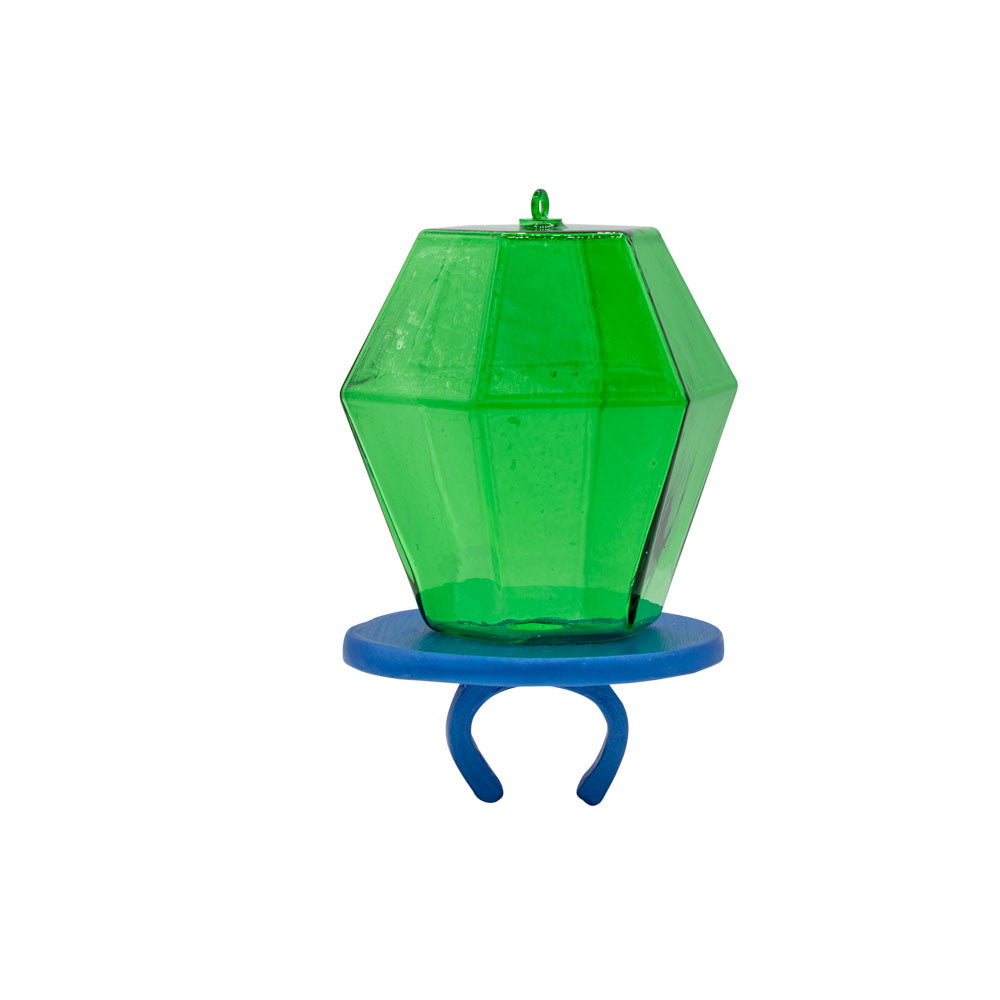 Watermelon Ring Pop ornament. Bright green ring pop on blue ring band. View of front.