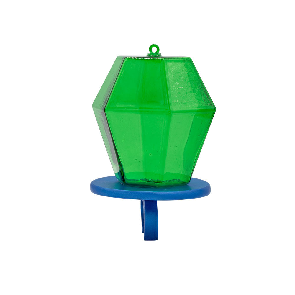 Watermelon Ring Pop ornament. Bright green ring pop on blue ring band. View of right side.