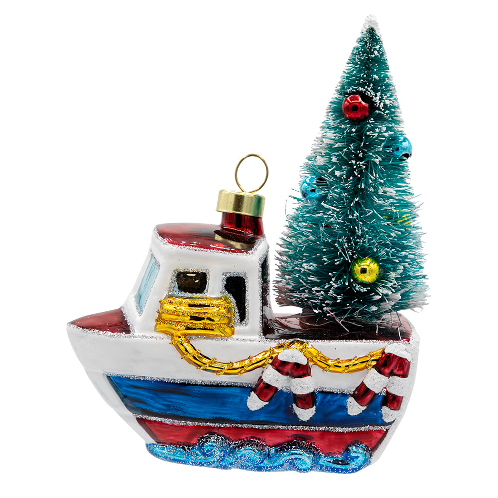 Merry Motorboat ornament. A decorated Christmas tree sits on the back of a sailboat. View of back.