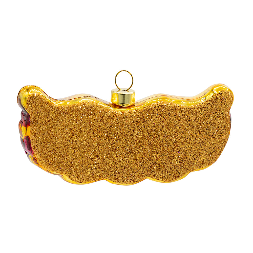 Mardi Gras Masquerade ornament. A masquerade mask in shimmering colors of gold, green, and purple. View of back.