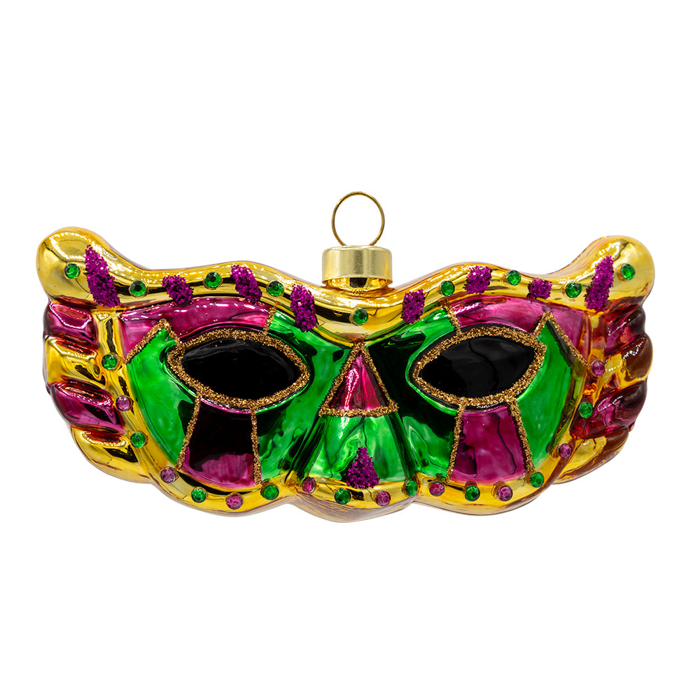 Mardi Gras Masquerade ornament. A masquerade mask in shimmering colors of gold, green, and purple. View of front.