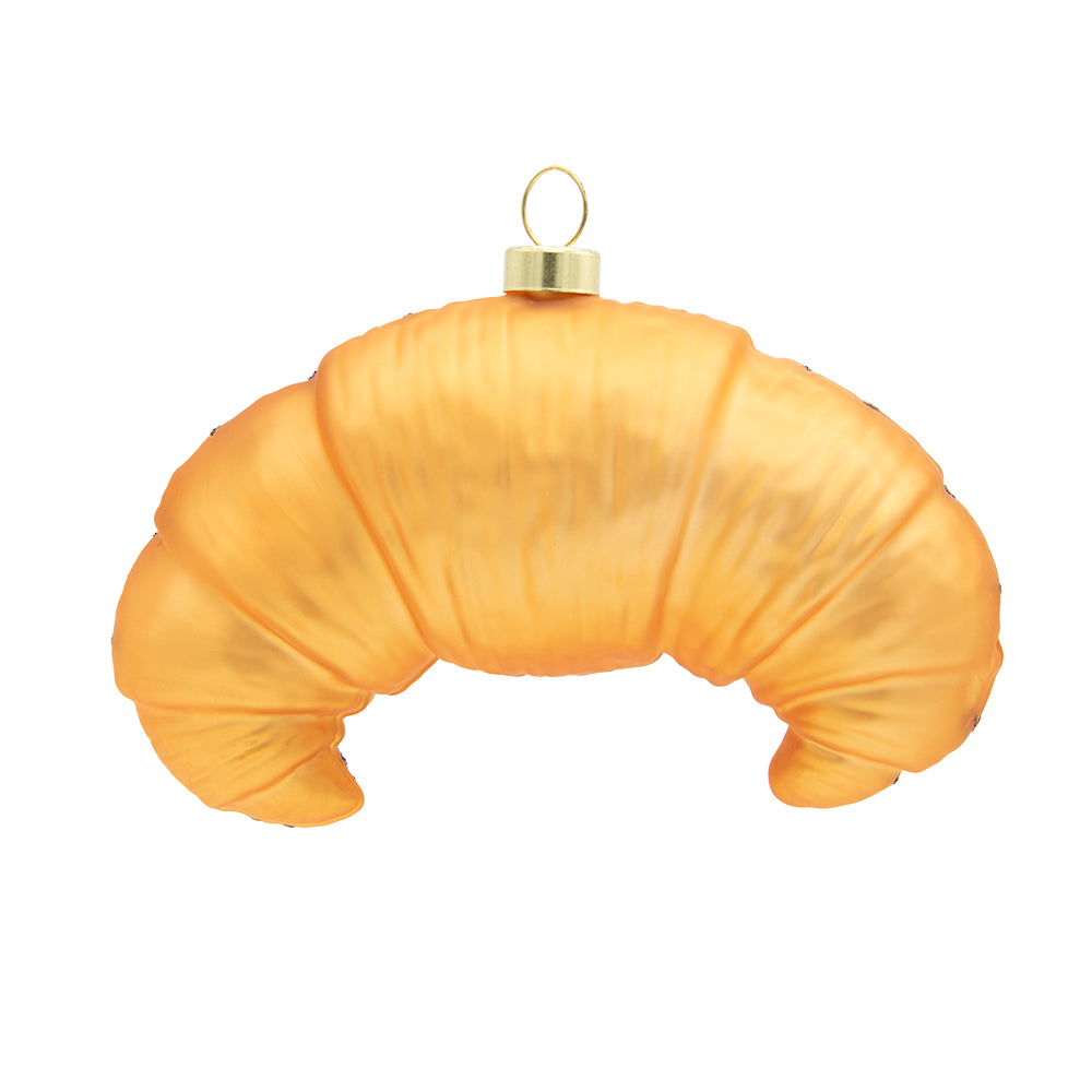 Chocolate Croissant ornament. Chocolate drizzle across a golden croissant. View of back.