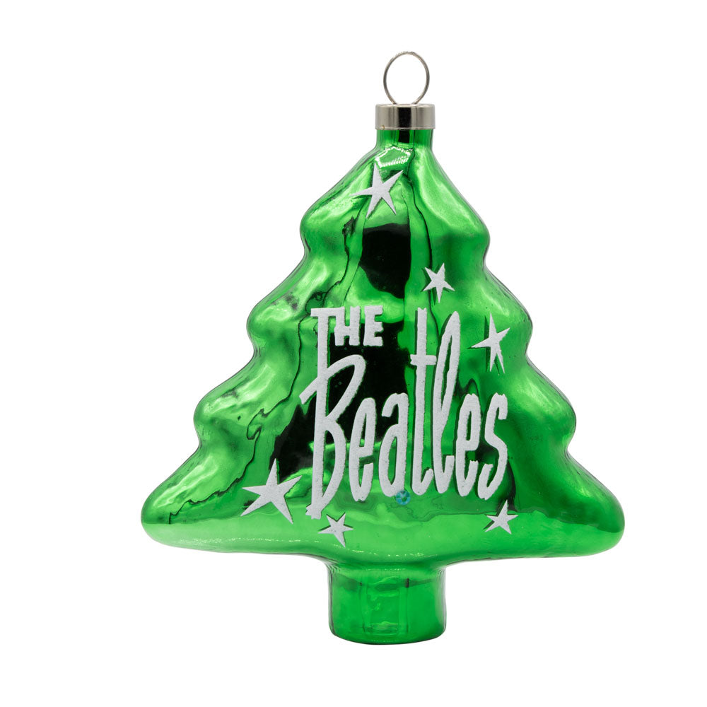Beatles Christmas Tree ornament. Green Christmas tree with white stars and "The Beatles" written on it. View of back.