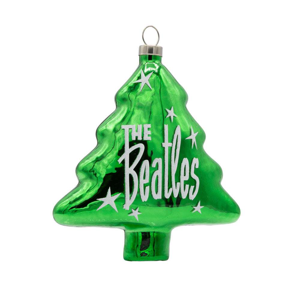 Beatles Christmas Tree ornament. Green Christmas tree with white stars and "The Beatles" written on it. View of front.