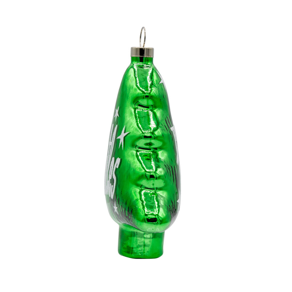 Beatles Christmas Tree ornament. Green Christmas tree with white stars and "The Beatles" written on it. View of right side.