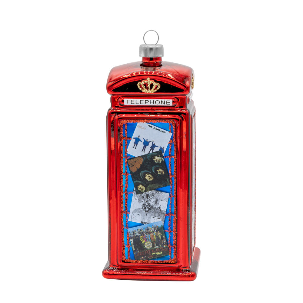 Beatles Phone Booth ornament. A red phone booth with images of Beatle's albums in the windows. View of front.