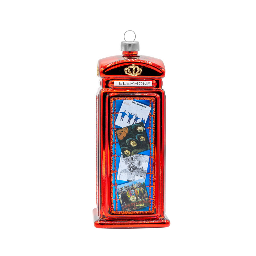 Beatles Phone Booth ornament. A red phone booth with images of Beatle's albums in the windows. View of front.