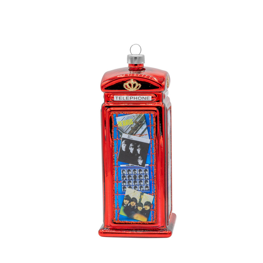 Beatles Phone Booth ornament. A red phone booth with images of Beatle's albums in the windows. View of back.