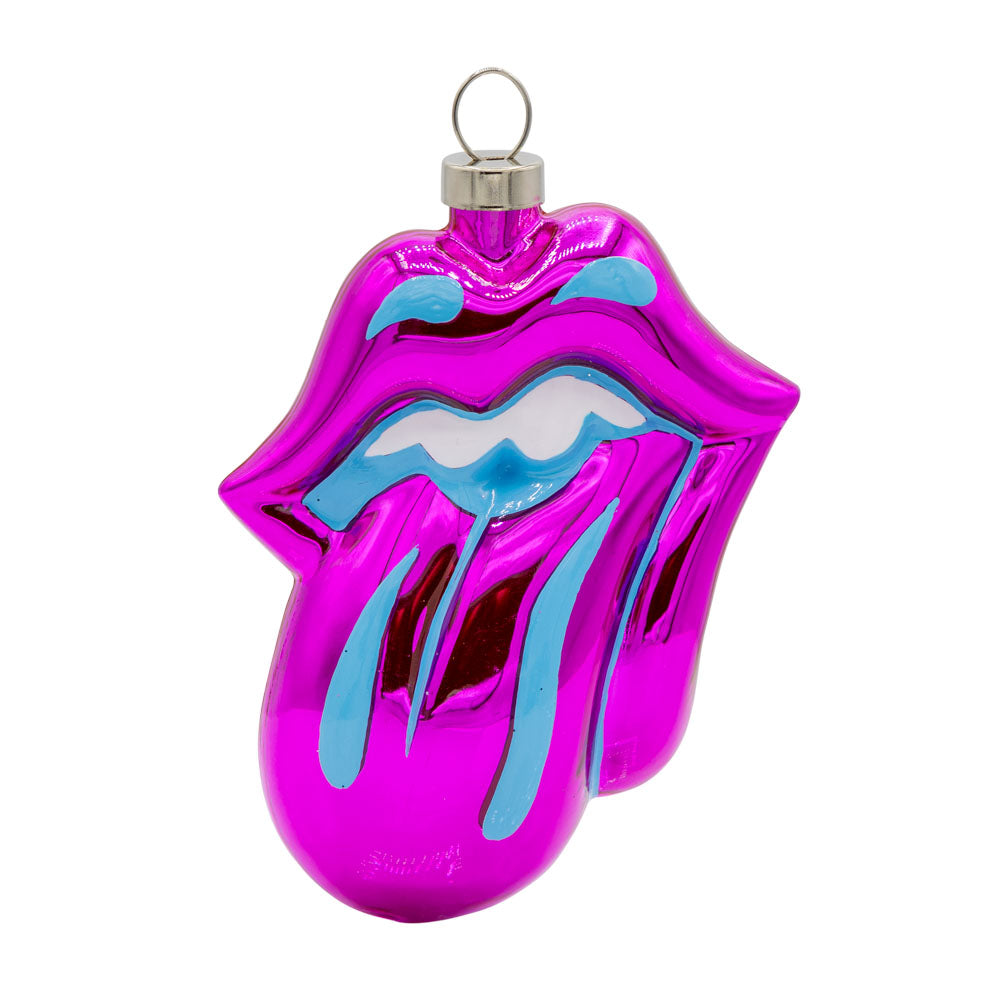 Rolling Stones Pink Tongue ornament. Original Rolling Stones tongue logo in bright pink with blue details. View of front.