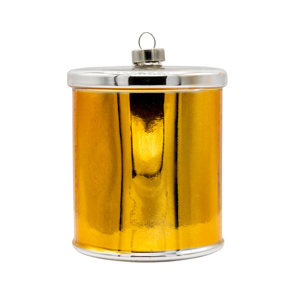 Pringles® Cheddar Cheese Can ornament. Short can of cheddar cheese Pringles. View of back.