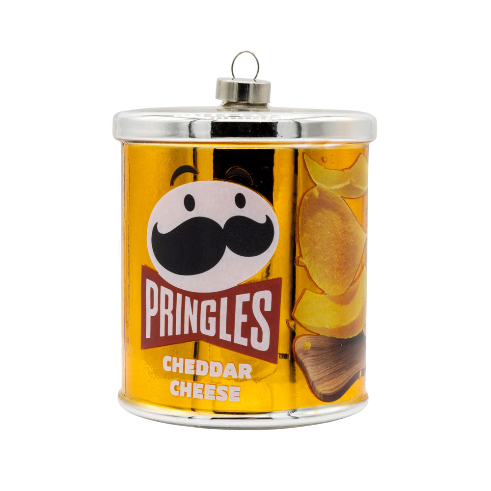 Pringles® Cheddar Cheese Can ornament. Short can of cheddar cheese Pringles. View of front.