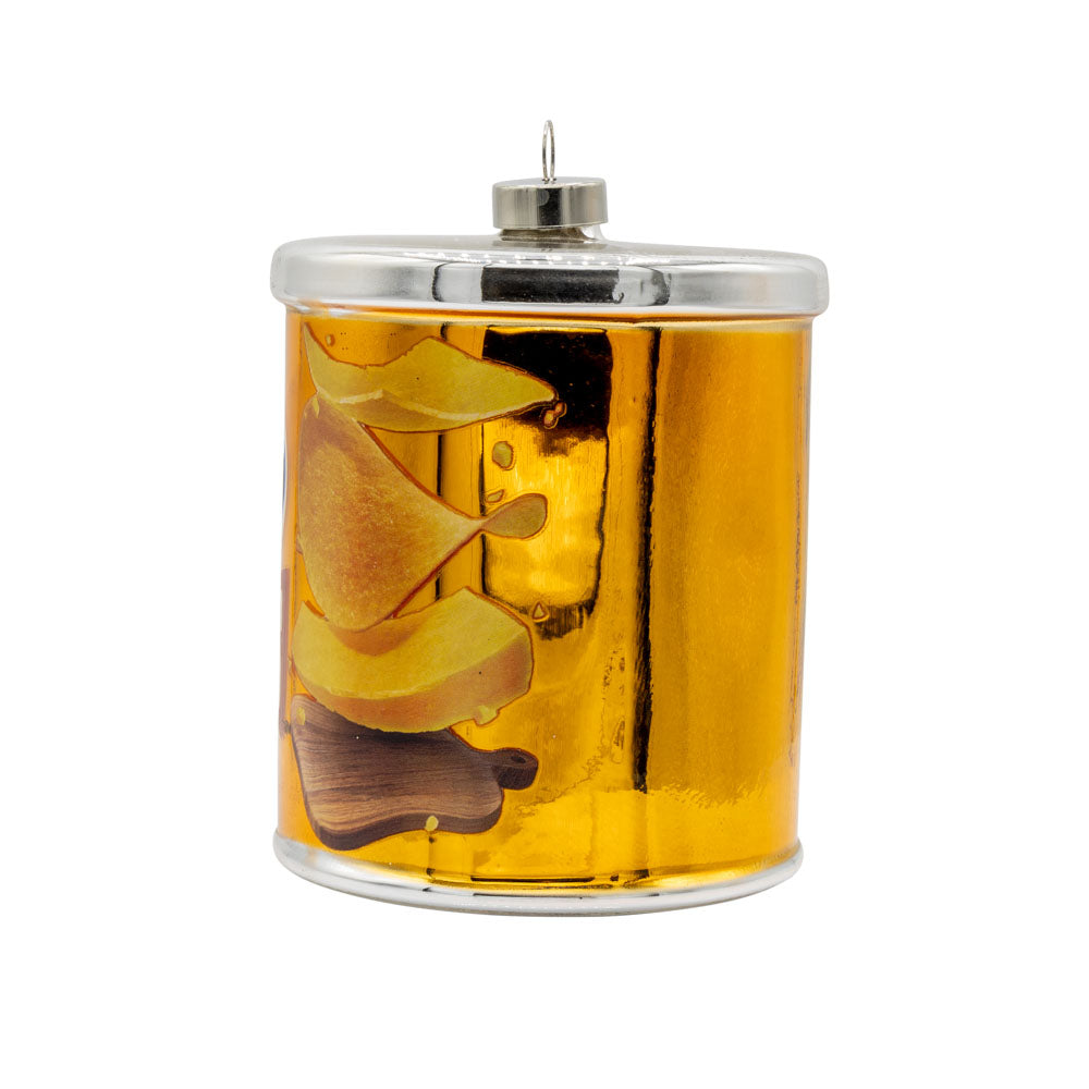 Pringles® Cheddar Cheese Can ornament. Short can of cheddar cheese Pringles. View of right side.