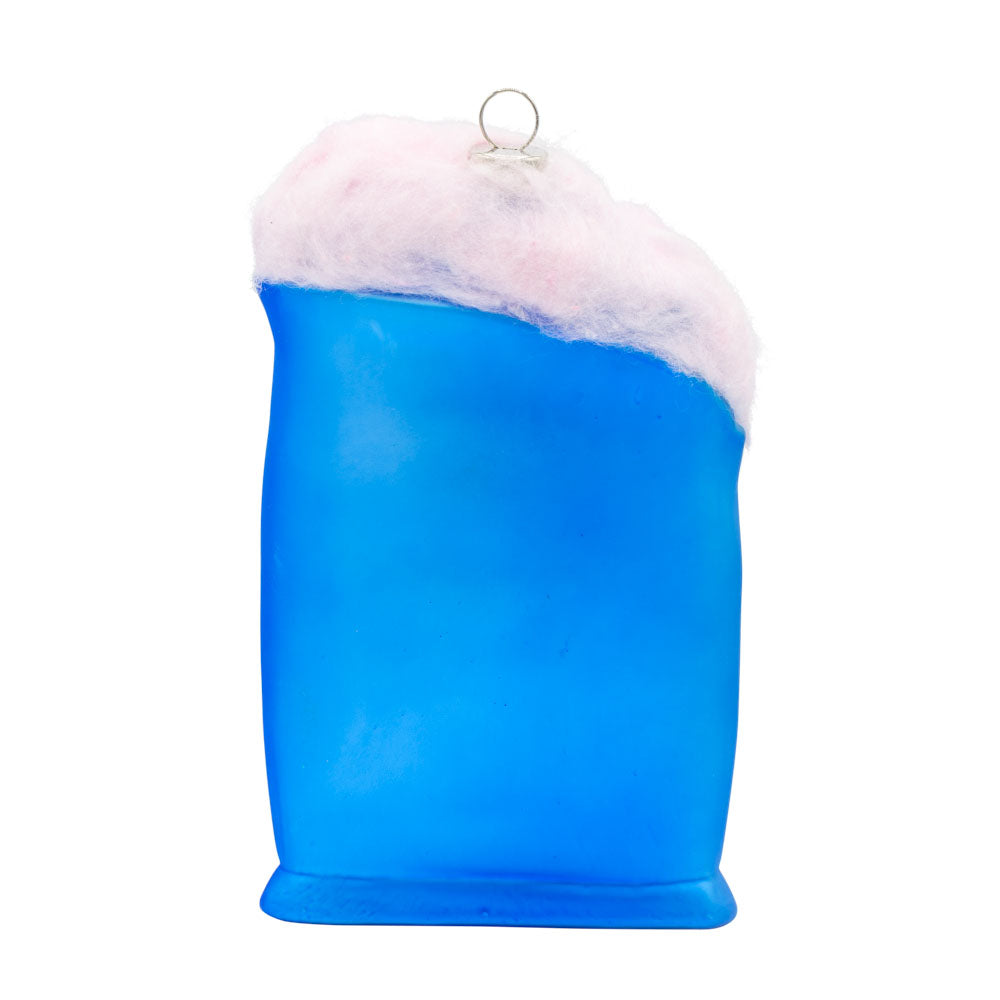 Fluffy Stuff ornament. Fluffy Stuff cotton candy bag ripped open with fluffy pink cotton candy coming out the top. View of back.