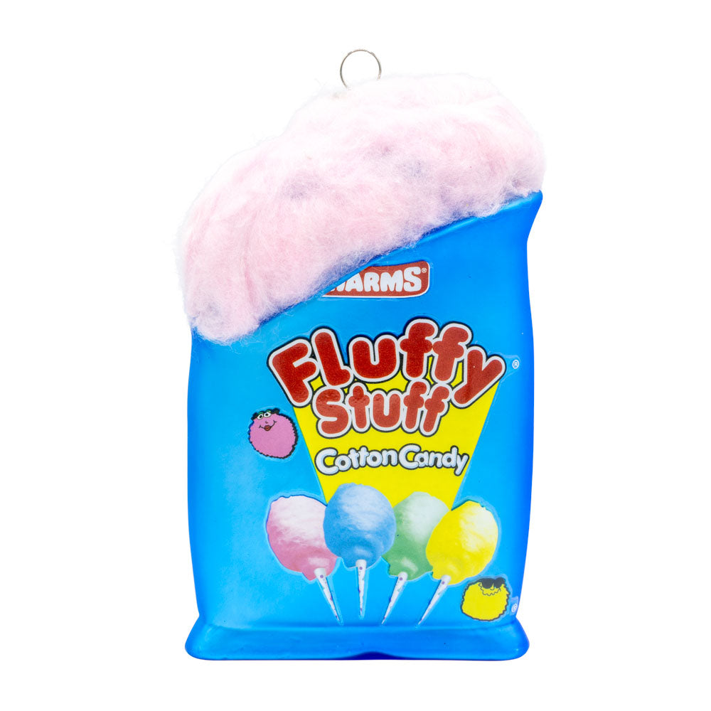 Fluffy Stuff ornament. Fluffy Stuff cotton candy bag ripped open with fluffy pink cotton candy coming out the top. View of front.