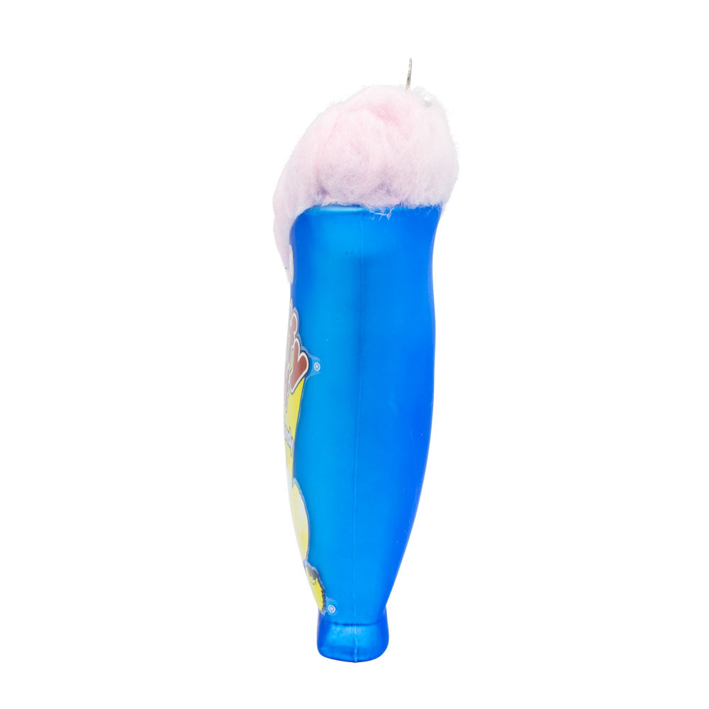 Fluffy Stuff ornament. Fluffy Stuff cotton candy bag ripped open with fluffy pink cotton candy coming out the top. View of right side.