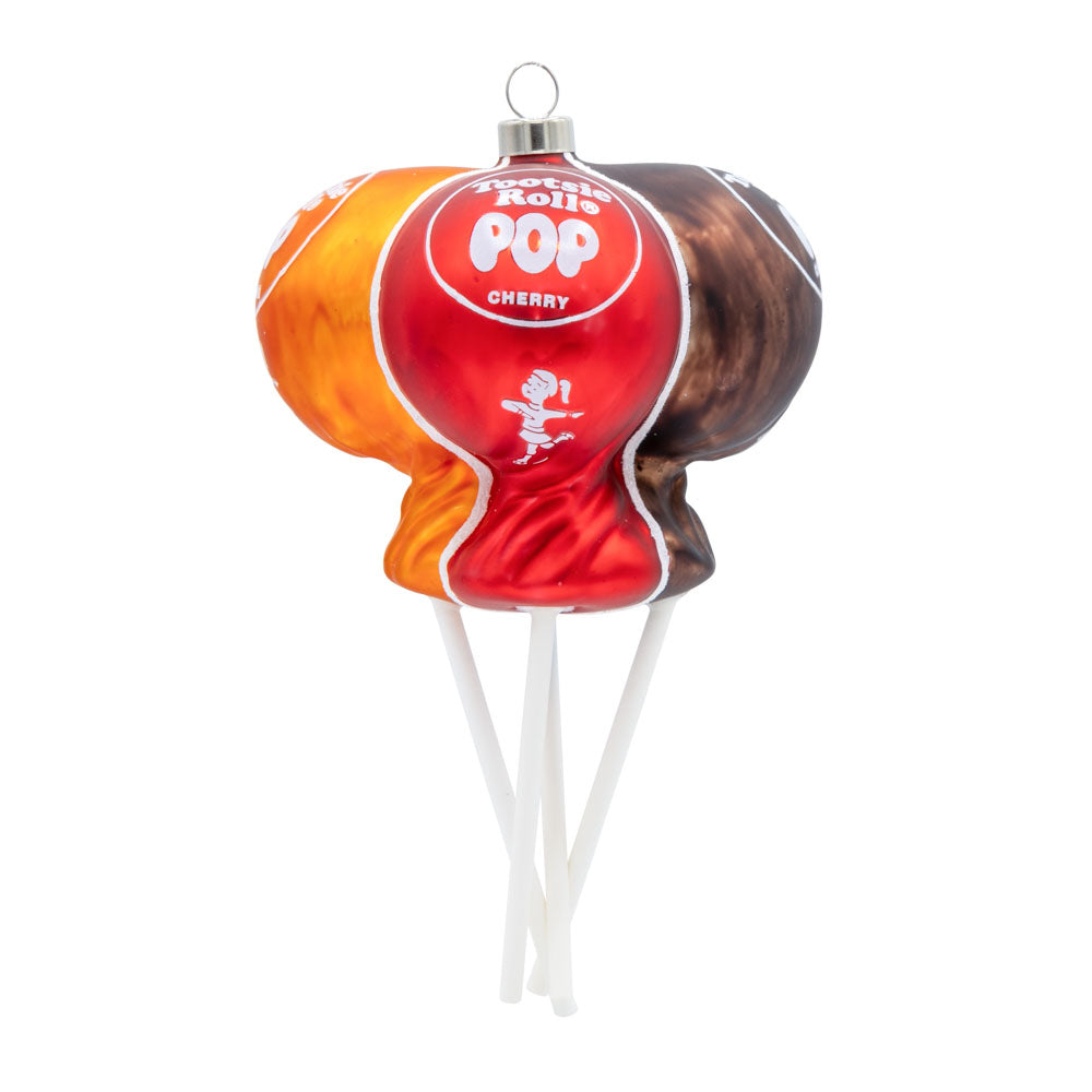 Tootsie Bunch Pops ornament. Features four tootsie pops in colors blue, orange, red, and brown. View of front.