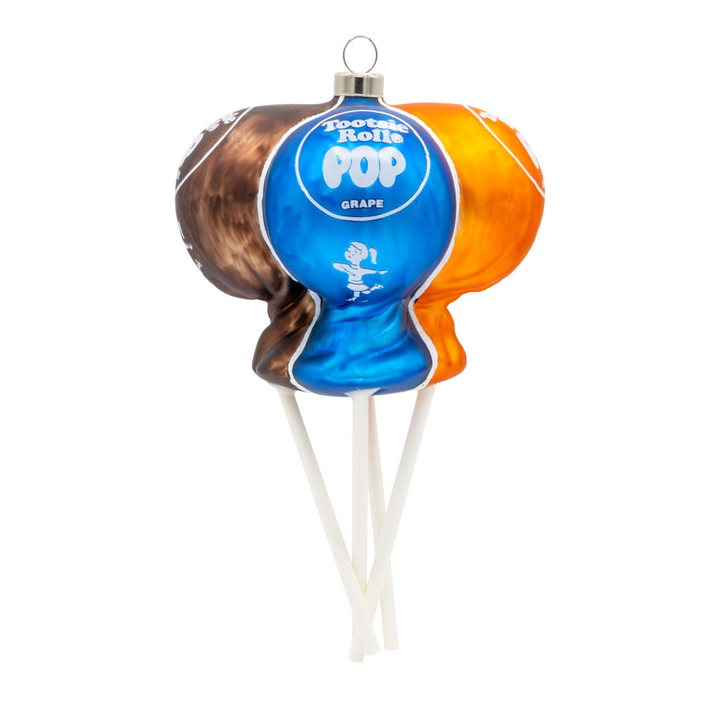 Tootsie Bunch Pops ornament. Features four tootsie pops in colors blue, orange, red, and brown. View of back.