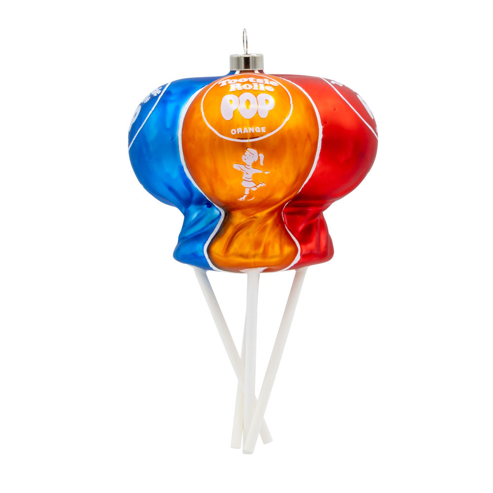 Tootsie Bunch Pops ornament. Features four tootsie pops in colors blue, orange, red, and brown. View of left side.