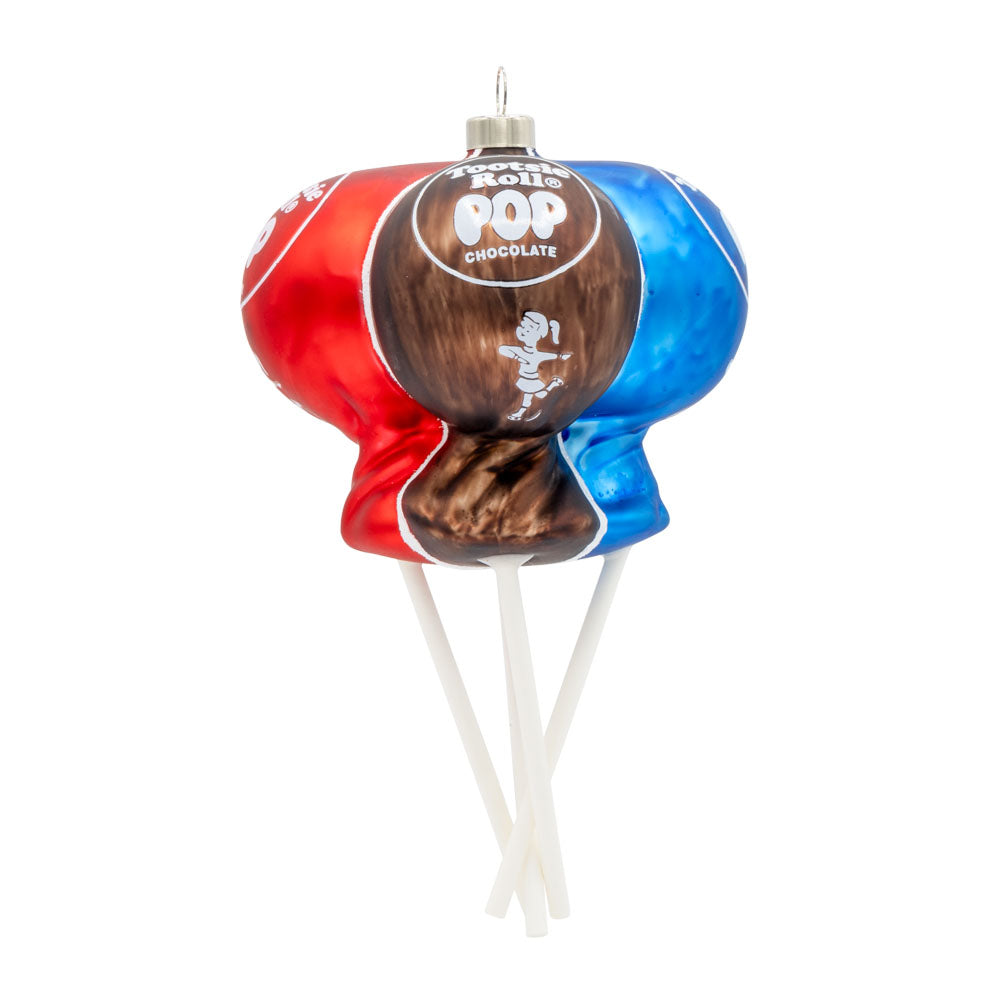 Tootsie Bunch Pops ornament. Features four tootsie pops in colors blue, orange, red, and brown. View of right side.