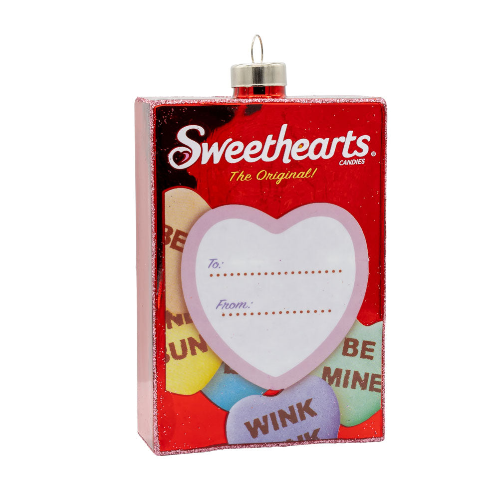Sweethearts Candy Box ornament. Heart with "to" and "from." Viewed from back.