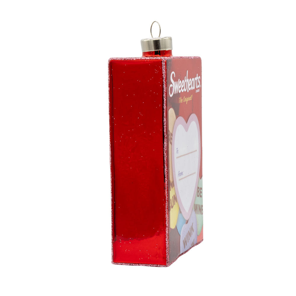 Sweethearts Candy Box ornament. Viewed from side.