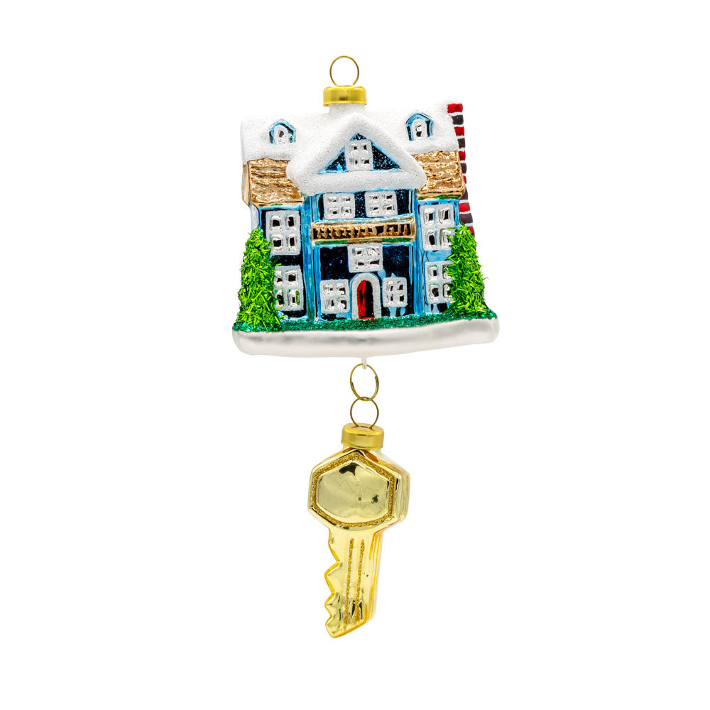 Our New Home ornament. House ornament featuring a sparkling, dangling key. View of front.