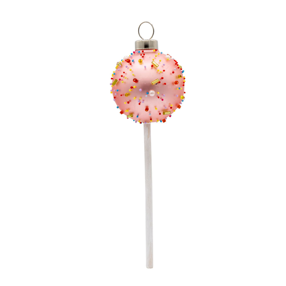 Pink Sprinkle Cake Pop ornament. Pink cake pop with rainbow sprinkles. View of back.