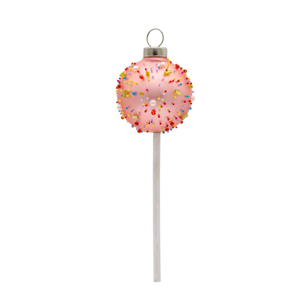 Pink Sprinkle Cake Pop ornament. Pink cake pop with rainbow sprinkles. View of front.