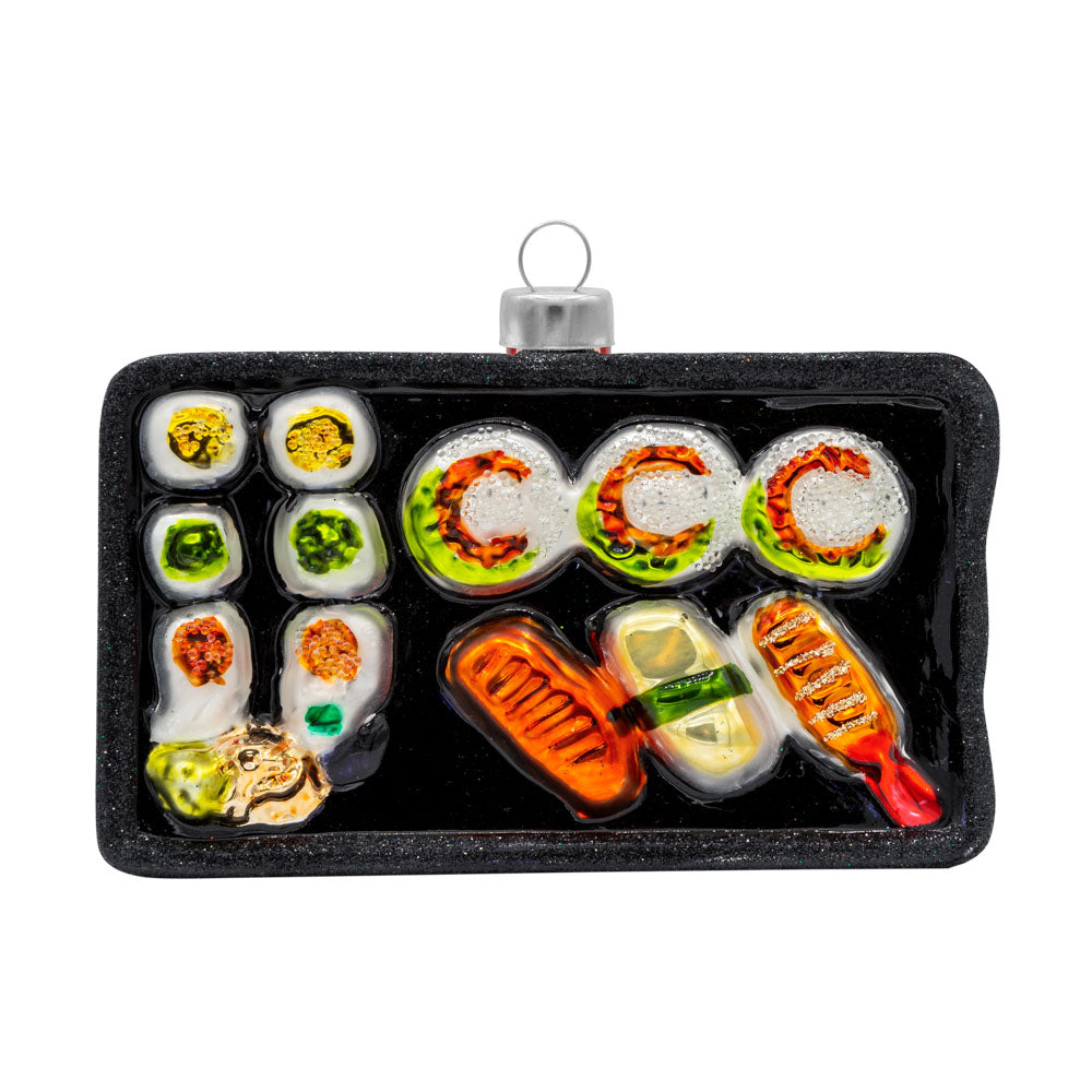 Sushi Platter ornament. An assortment of sushi to-go on a tray. View of front.