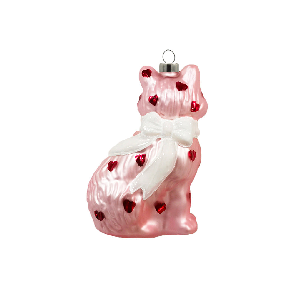 Pink Heart Cat ornament. A pink cat with a white bow and red hearts. View of back.