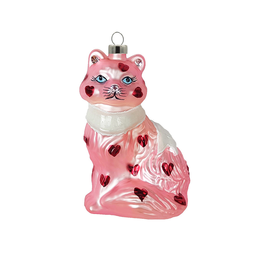 Pink Heart Cat ornament. A pink cat with a white bow and red hearts. View of front.