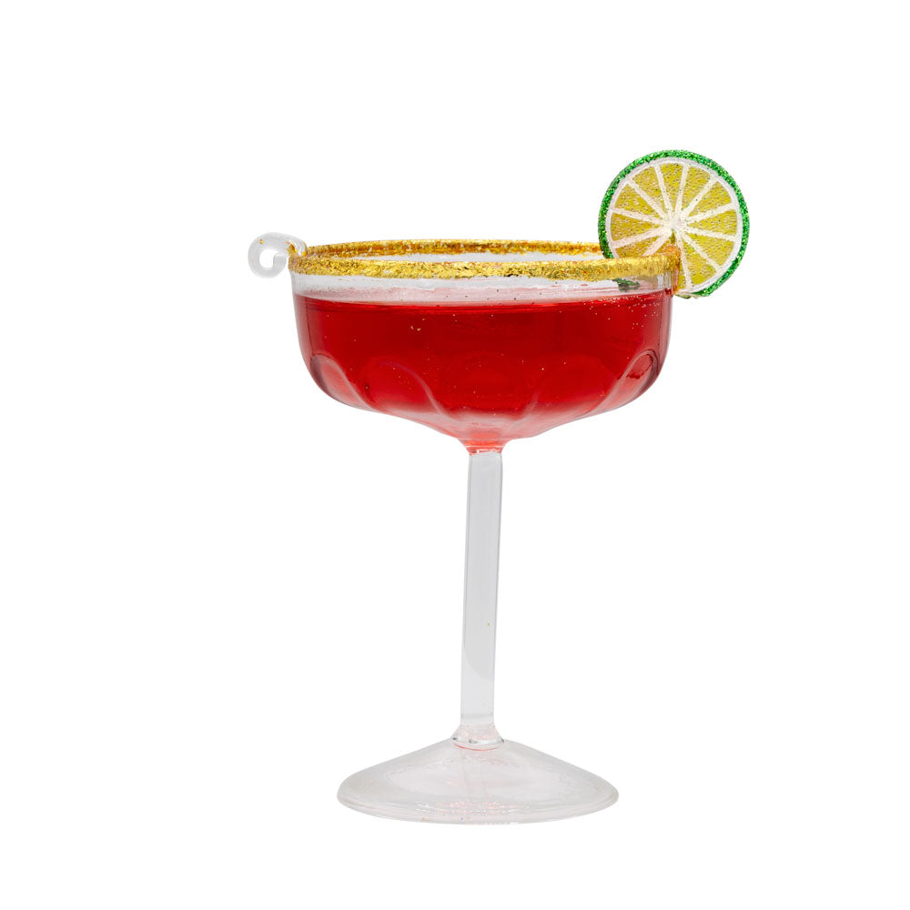 Cosmo ornament. Cosmo cocktail with a lime wheel and gold sugared rim. View of back.