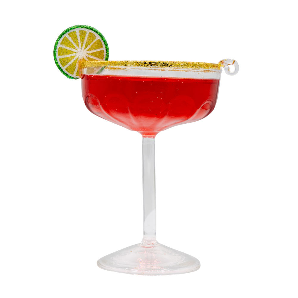 Cosmo ornament. Cosmo cocktail with a lime wheel and gold sugared rim. View of front.