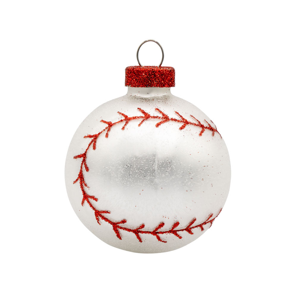Baseball ornament. A red glitter stitched baseball. View of front.