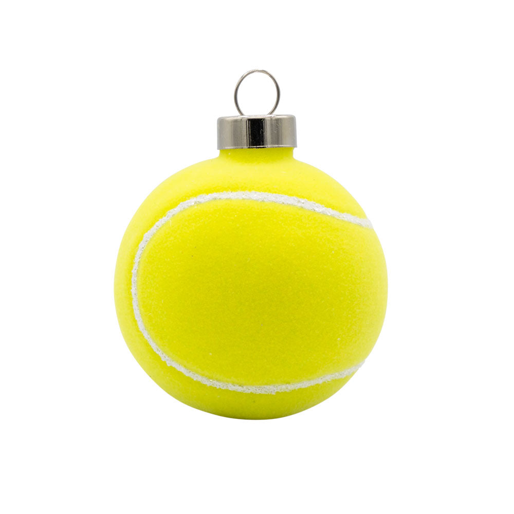 Tennis Ball ornament. A highlighter yellow tennis ball. View of right side.