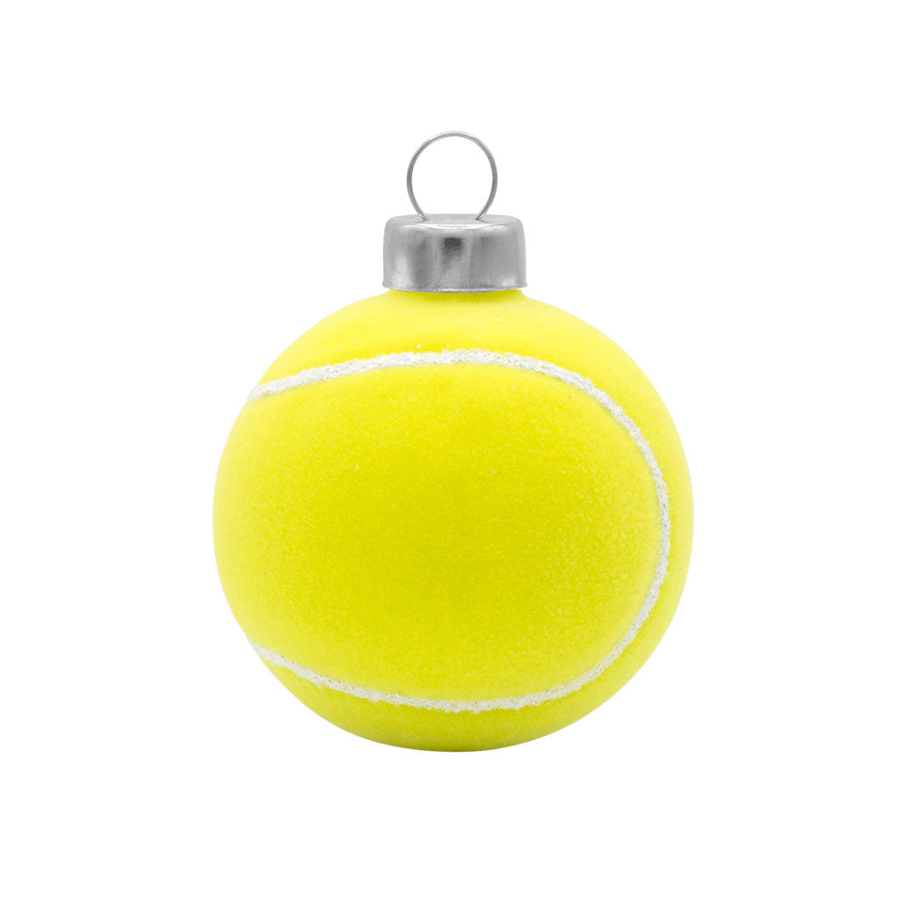 Tennis Ball ornament. A highlighter yellow tennis ball. View of left side.