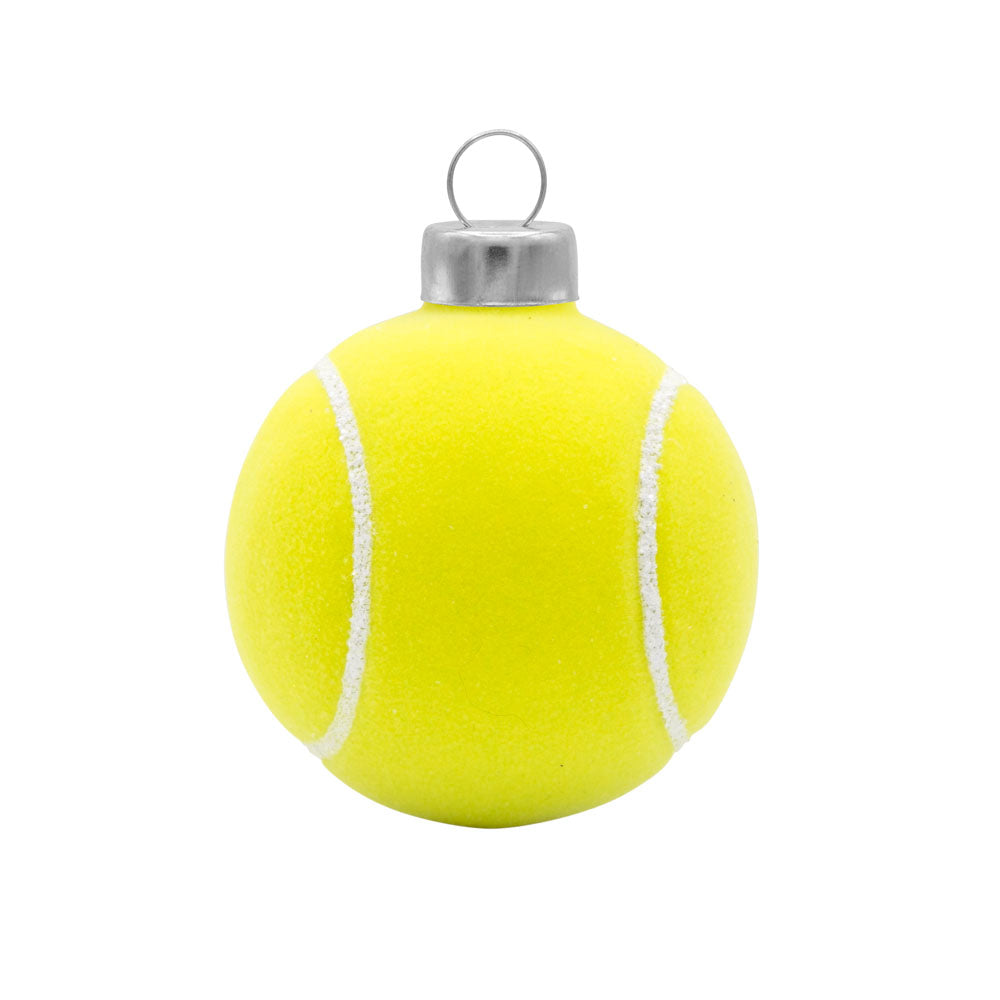 Tennis Ball ornament. A highlighter yellow tennis ball. View of front.