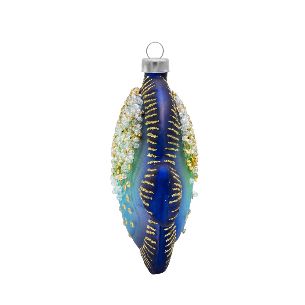 Sparkle Fish ornament. Glitter and bead details are seen on this blue and green fish. View of right side.