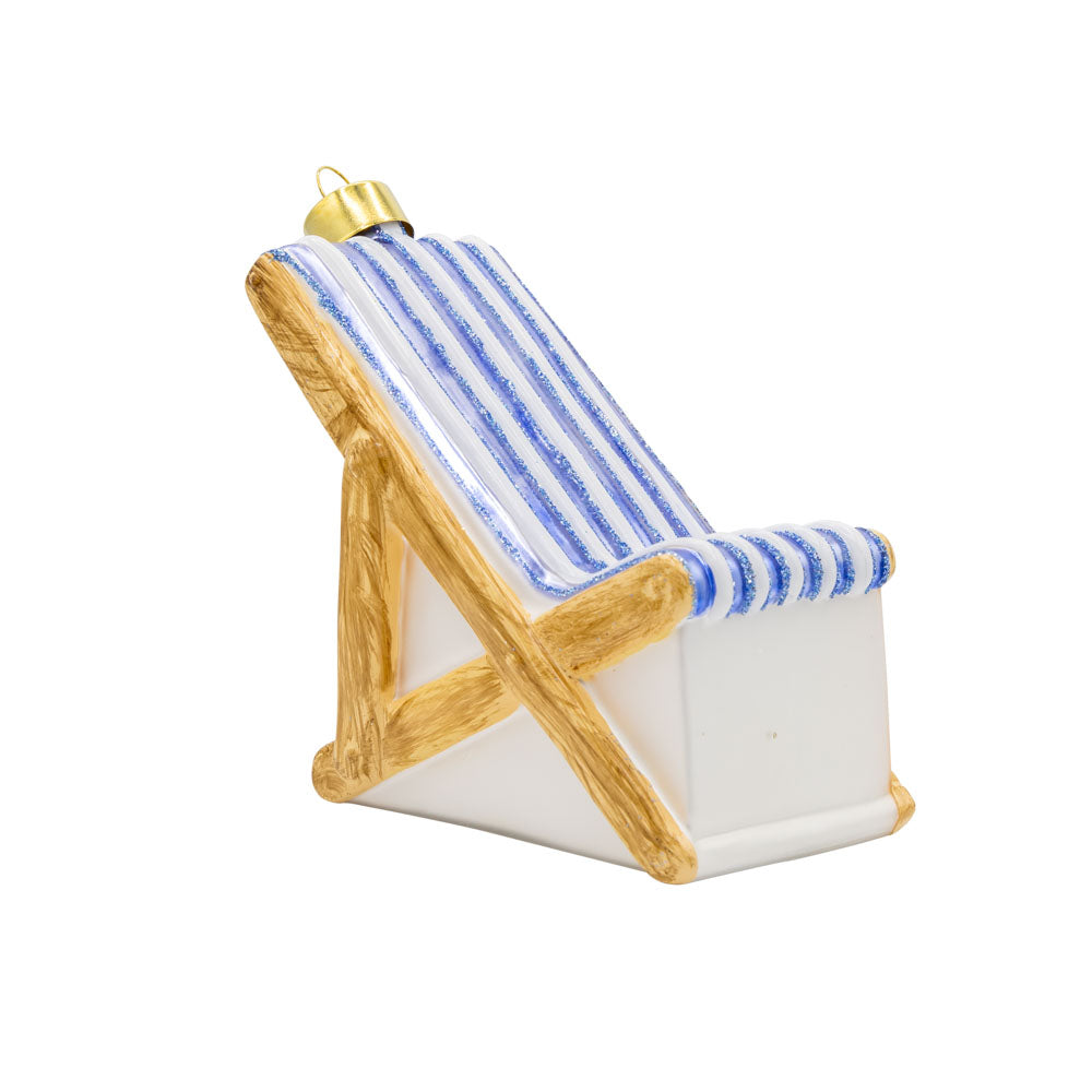 Beach Chair ornament. Blue and white striped fold out chair. View of front.