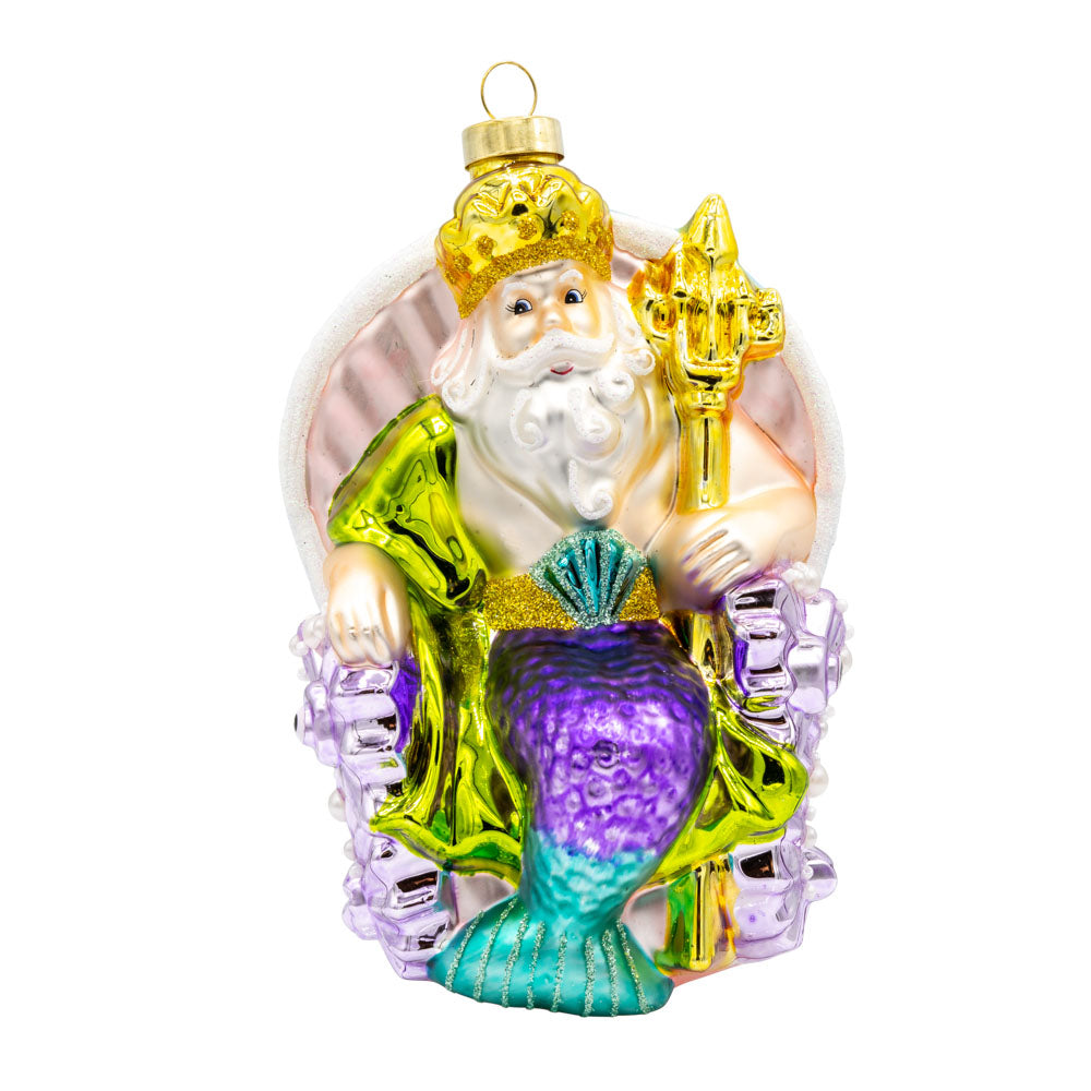 King of the Sea ornament. Poseidon sits on his seashell throne, scepter in hand. View of front.