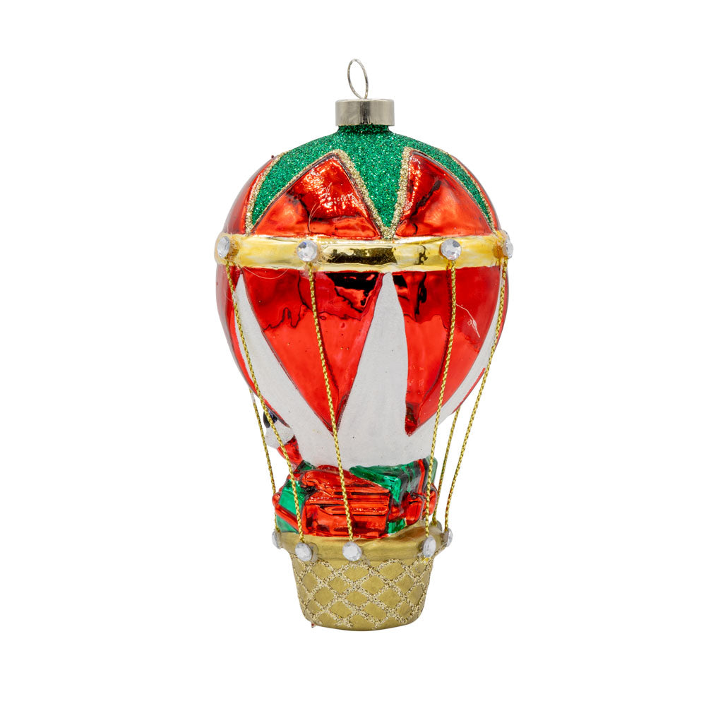 Hot Air Balloon Santa ornament. Santa is seen in a hot air balloon full of presents. View of back.