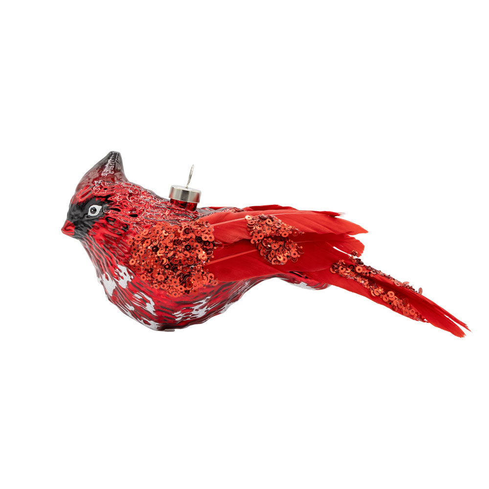 Feathered Cardinal ornament. This red cardinal dons red feathers and sequins. View of front.