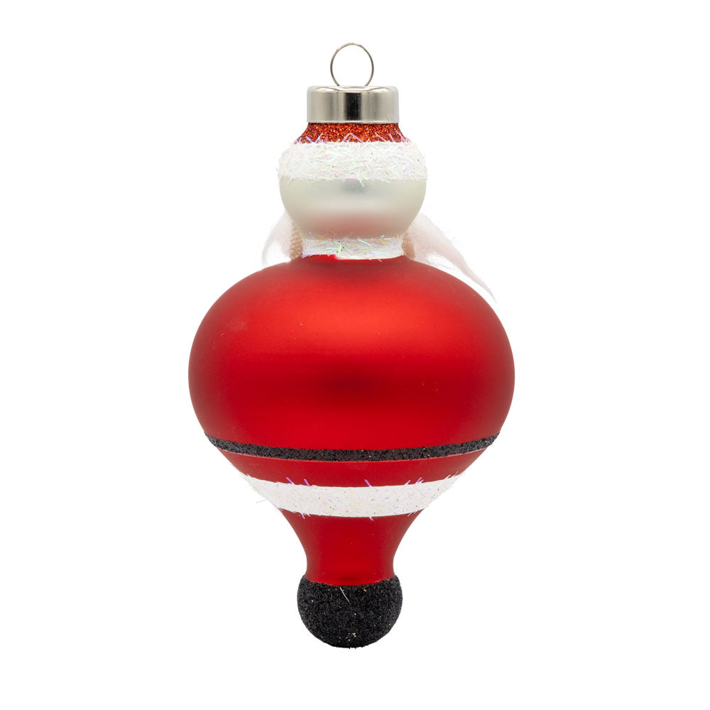 Jolly Santa ornament. Santa dons his classic red suit. View of back.